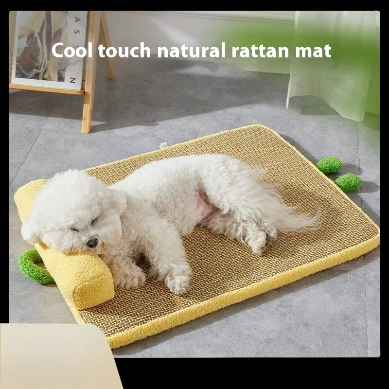 Tapis rafraîchissants d'été pour animaux de compagnie - Rattan - Tissés, respirants et dissipant la chaleur | Lits amovibles et lavables pour chiens et chats avec protection pour le cou