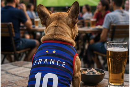 Chien avec maillot de la France dans un bar