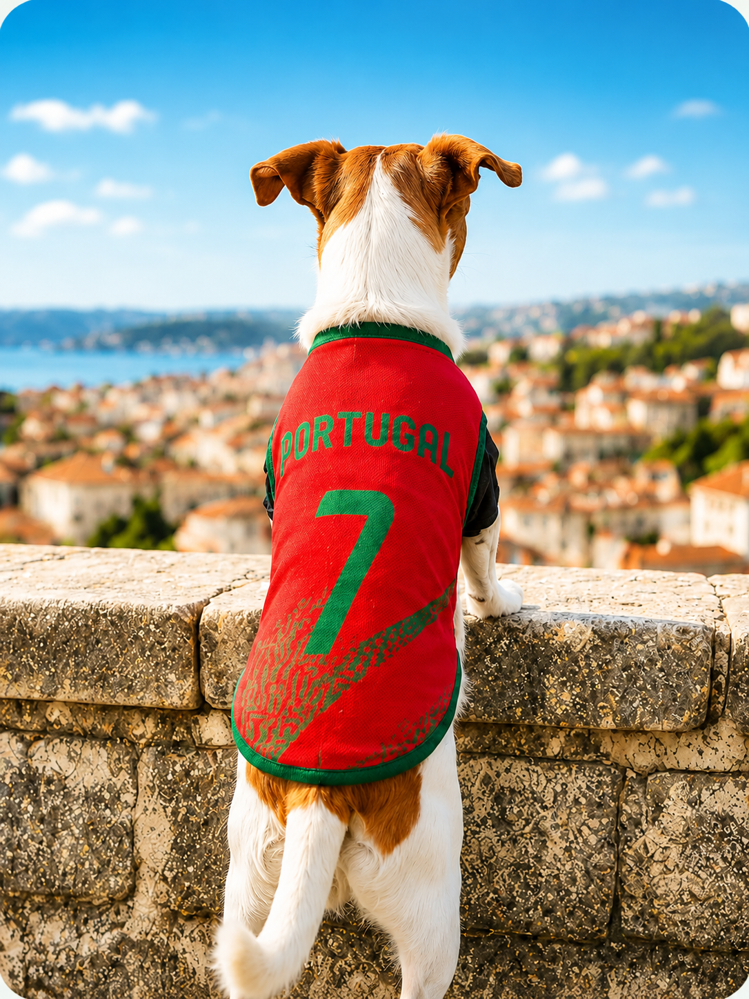 Chien avec maillot Portugal face à la ville